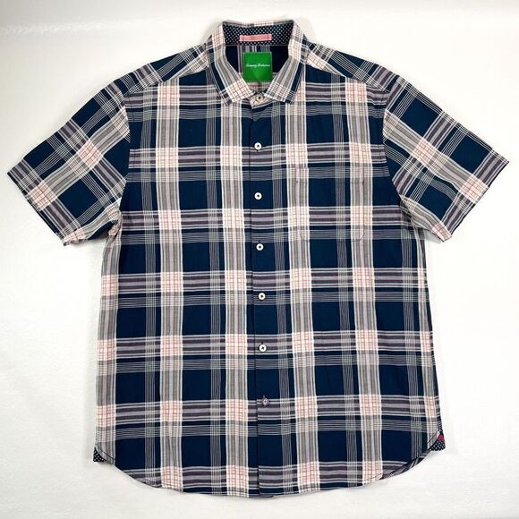 Tommy Bahama Mens Large Red White Blue Plaid Short Sleeve Button Up Shirt - Picture 1 of 7